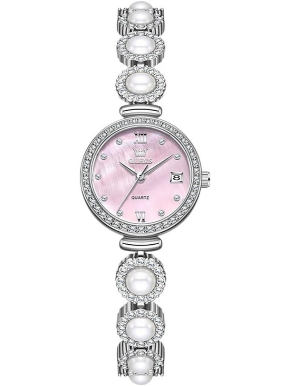 Women's Silver Analog Quartz Diamond Round Dial Waterproof Pearl Bracelet Watch